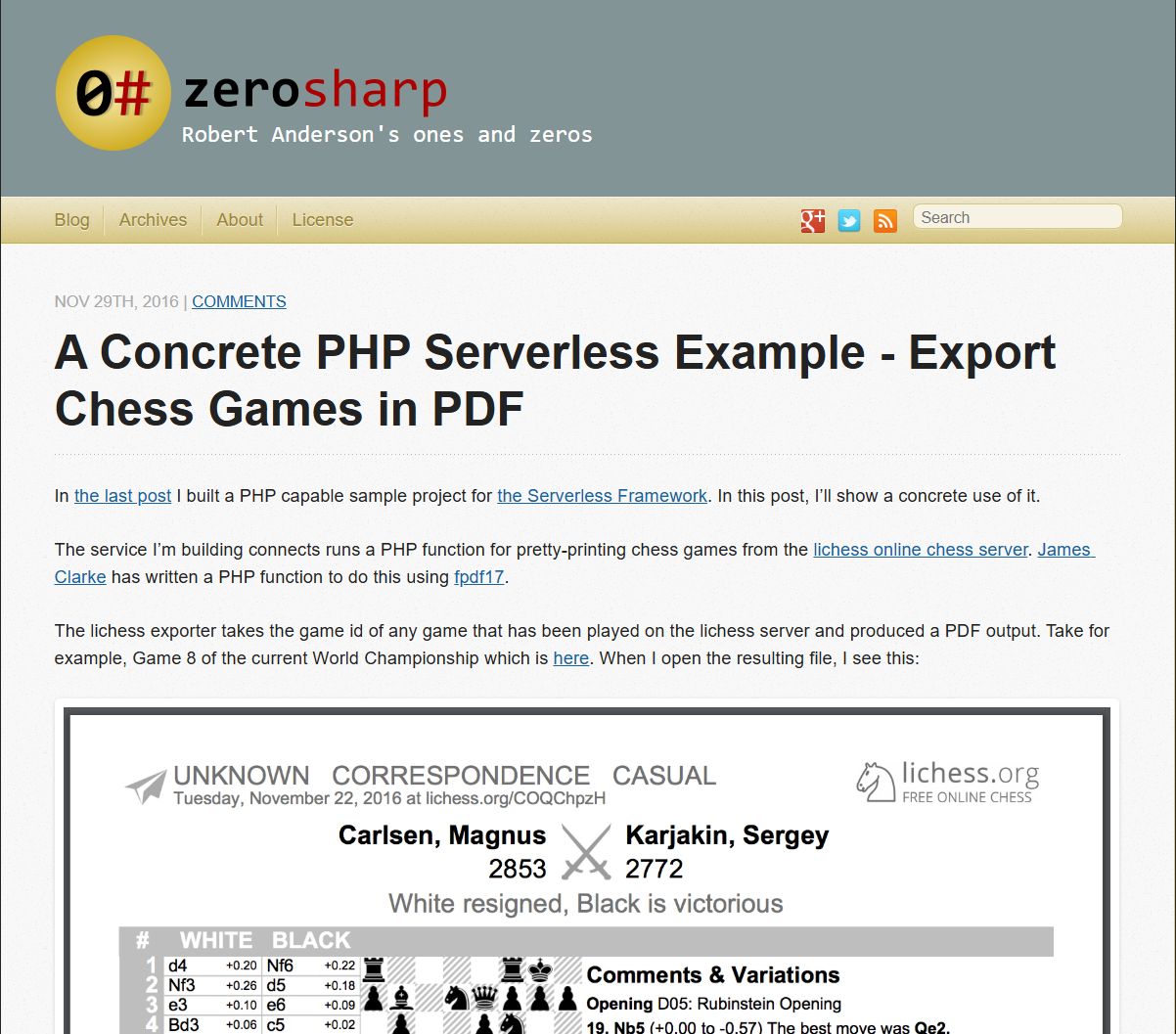 The old Octopress version of the ZeroSharp blog, with the gold "0#" mark, dark teal header, and Solarized typography.